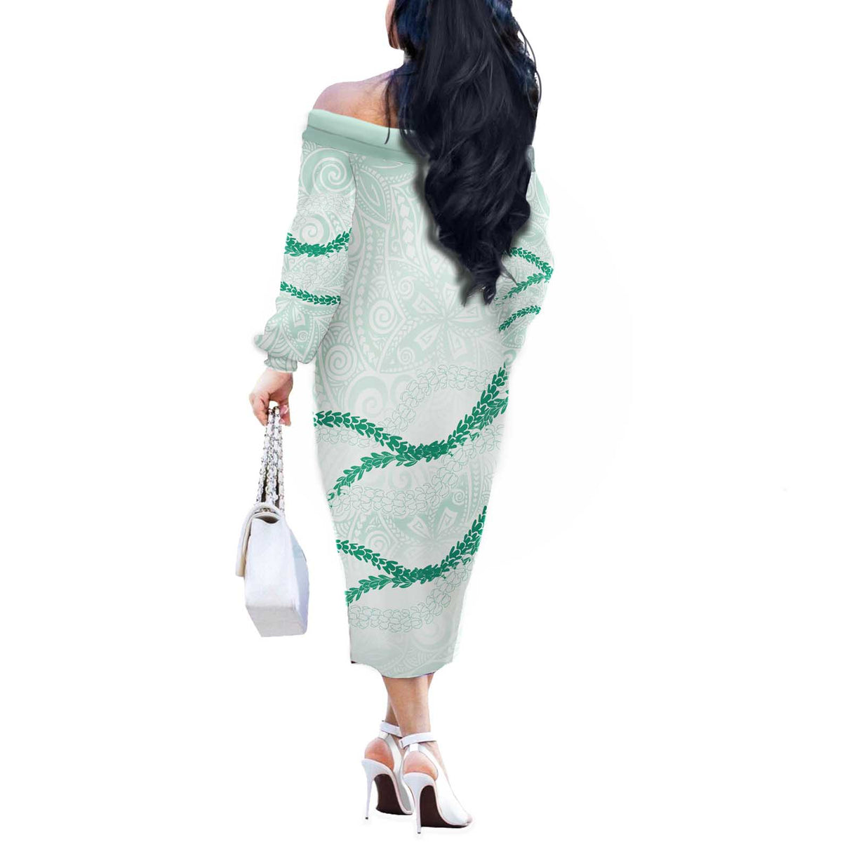 Aloha Lei Mikioi Off The Shoulder Long Sleeve Dress Sage Green Polynesian Tribal Tatau Pattern