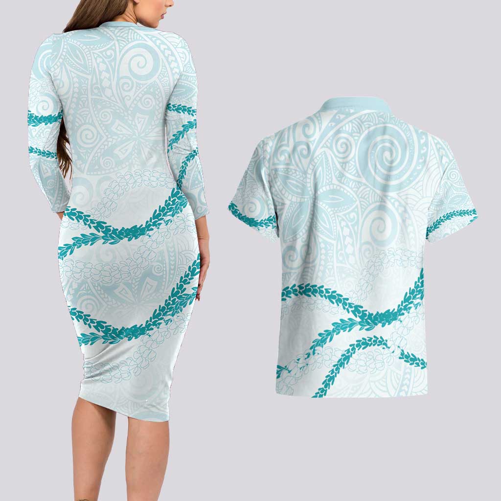Aloha Lei Mikioi Couples Matching Long Sleeve Bodycon Dress and Hawaiian Shirt Teal Polynesian Tribal Tatau Pattern LT9 - Polynesian Pride