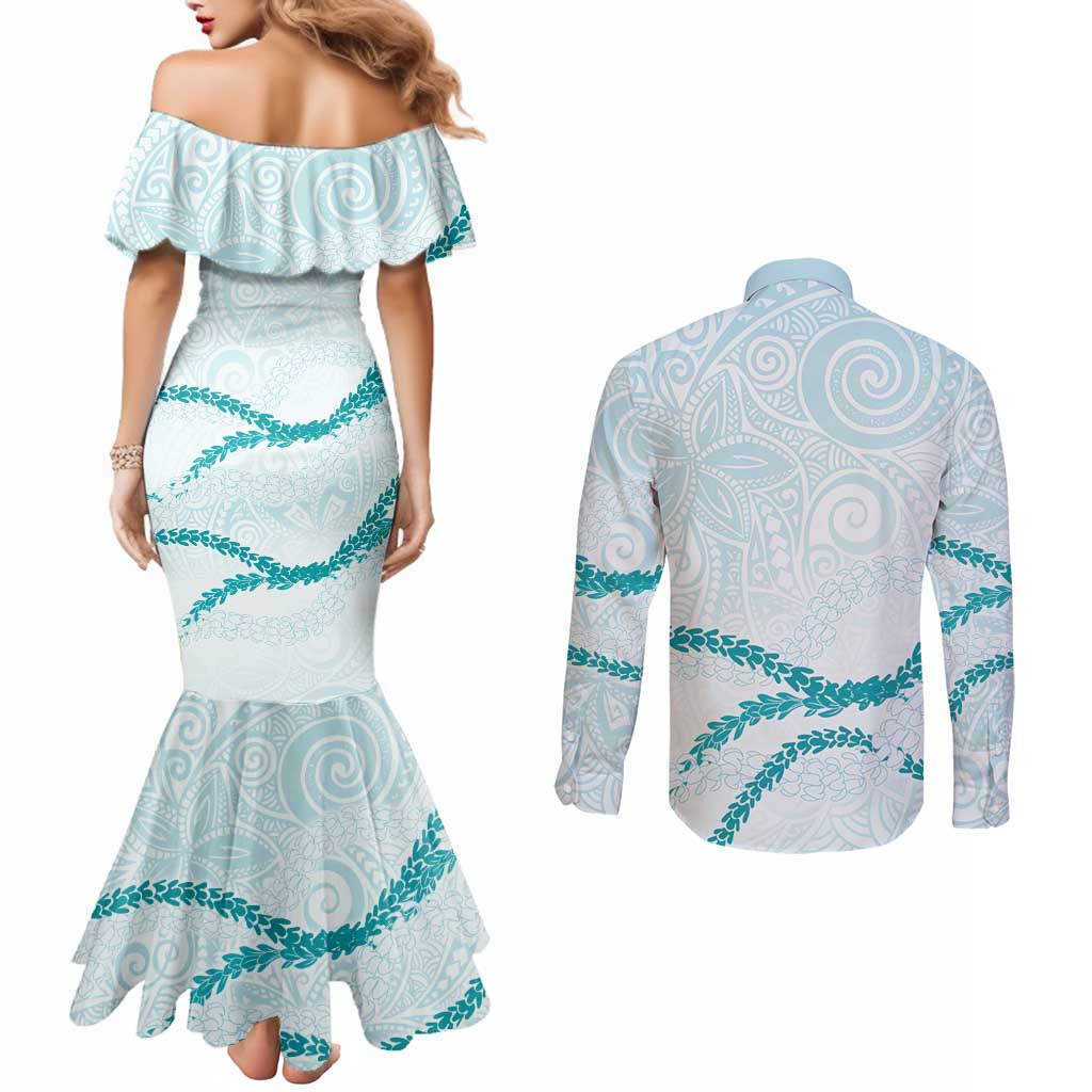 Aloha Lei Mikioi Couples Matching Mermaid Dress and Long Sleeve Button Shirt Teal Polynesian Tribal Tatau Pattern LT9 - Polynesian Pride