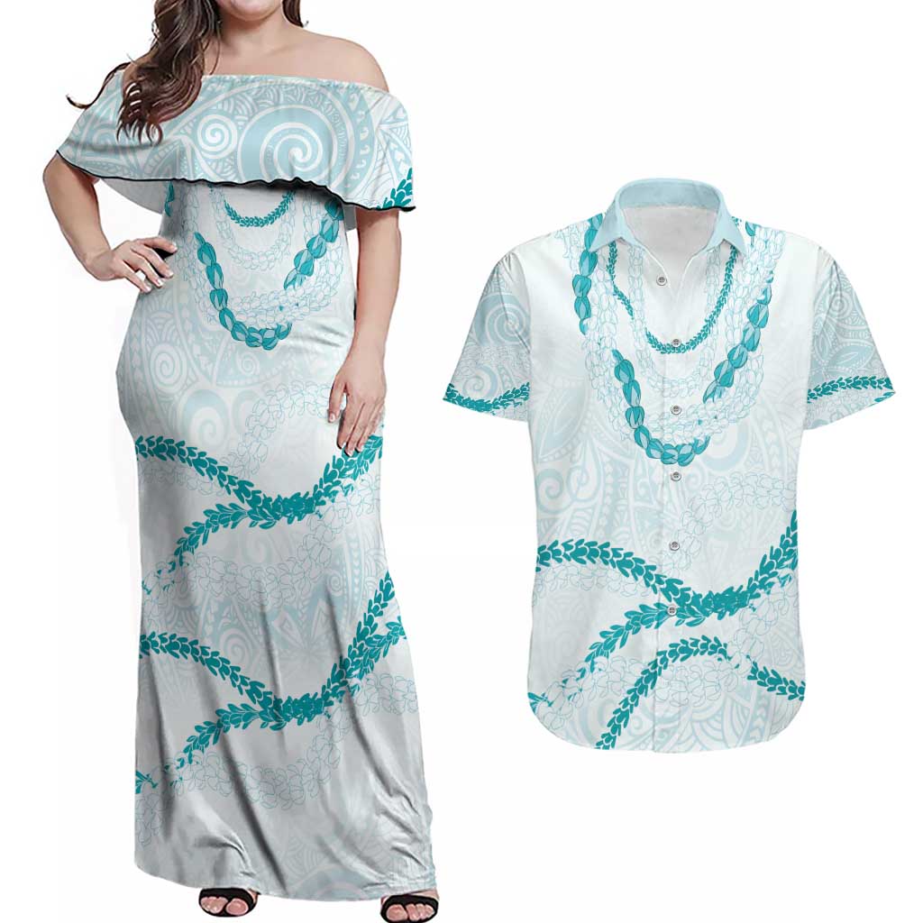 Aloha Lei Mikioi Couples Matching Off Shoulder Maxi Dress and Hawaiian Shirt Teal Polynesian Tribal Tatau Pattern LT9 Teal - Polynesian Pride