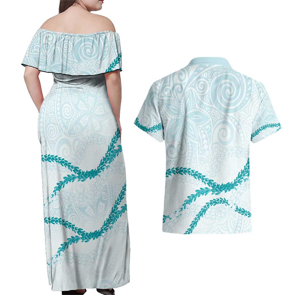 Aloha Lei Mikioi Couples Matching Off Shoulder Maxi Dress and Hawaiian Shirt Teal Polynesian Tribal Tatau Pattern LT9 - Polynesian Pride