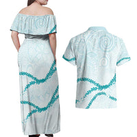 Aloha Lei Mikioi Couples Matching Off Shoulder Maxi Dress and Hawaiian Shirt Teal Polynesian Tribal Tatau Pattern LT9 - Polynesian Pride