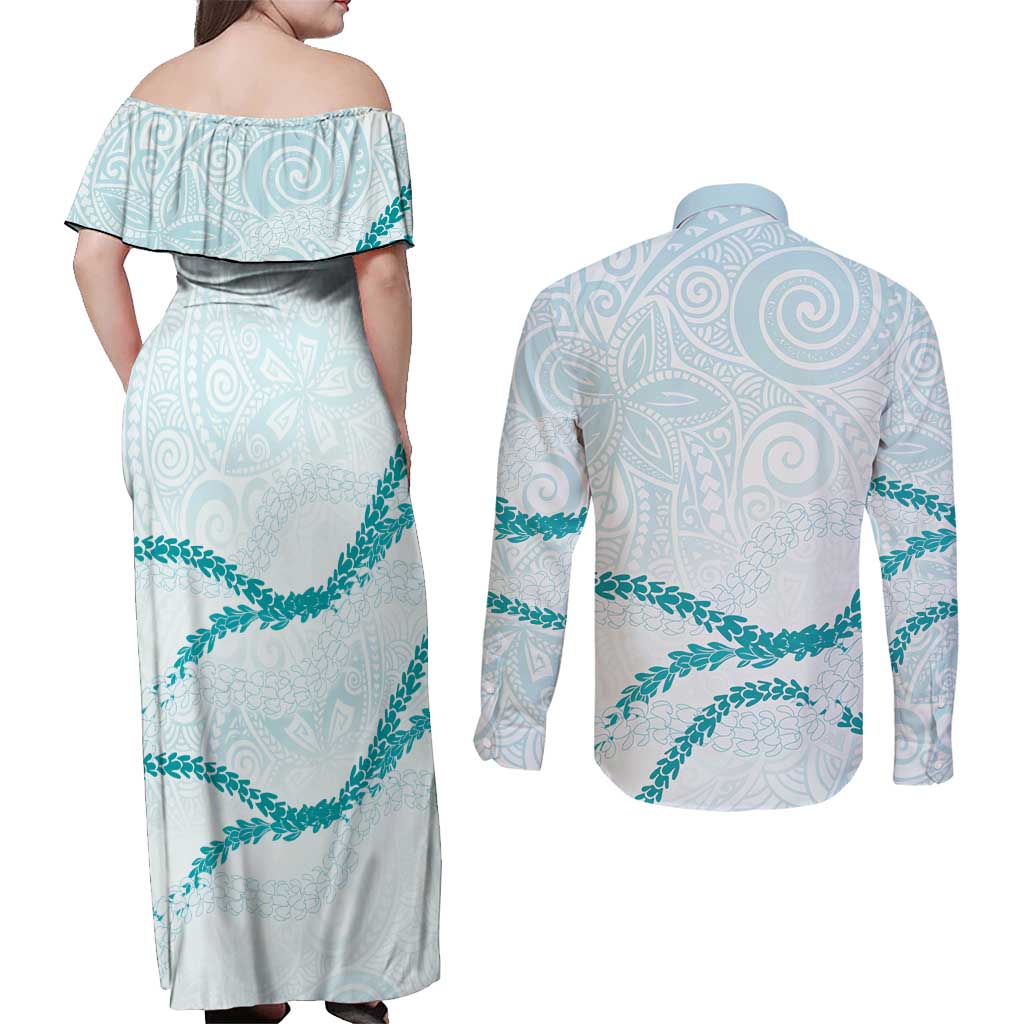 Aloha Lei Mikioi Couples Matching Off Shoulder Maxi Dress and Long Sleeve Button Shirt Teal Polynesian Tribal Tatau Pattern
