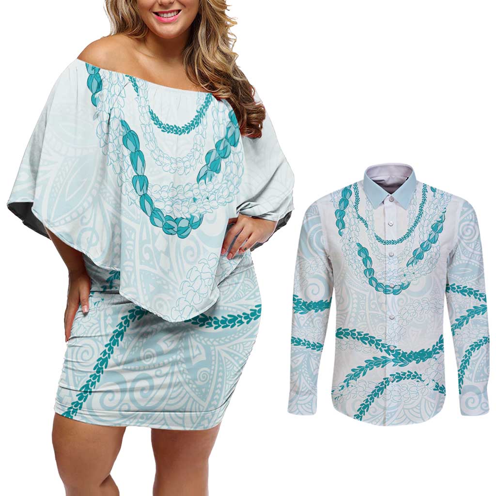 Aloha Lei Mikioi Couples Matching Off Shoulder Short Dress and Long Sleeve Button Shirt Teal Polynesian Tribal Tatau Pattern LT9 Teal - Polynesian Pride