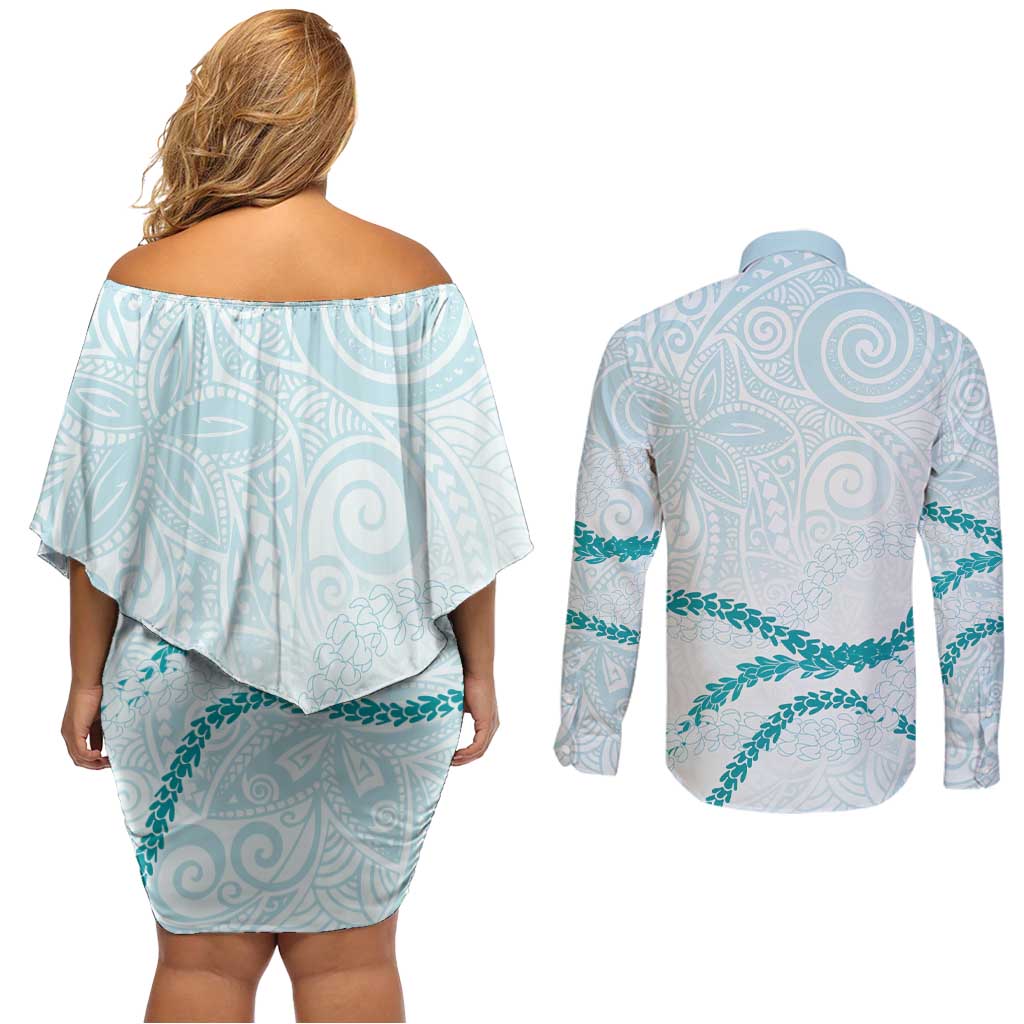 Aloha Lei Mikioi Couples Matching Off Shoulder Short Dress and Long Sleeve Button Shirt Teal Polynesian Tribal Tatau Pattern LT9 - Polynesian Pride