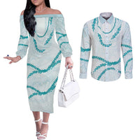 Aloha Lei Mikioi Couples Matching Off The Shoulder Long Sleeve Dress and Long Sleeve Button Shirt Teal Polynesian Tribal Tatau Pattern LT9 Teal - Polynesian Pride