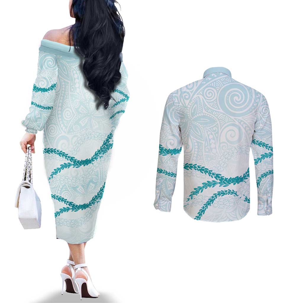 Aloha Lei Mikioi Couples Matching Off The Shoulder Long Sleeve Dress and Long Sleeve Button Shirt Teal Polynesian Tribal Tatau Pattern LT9 - Polynesian Pride