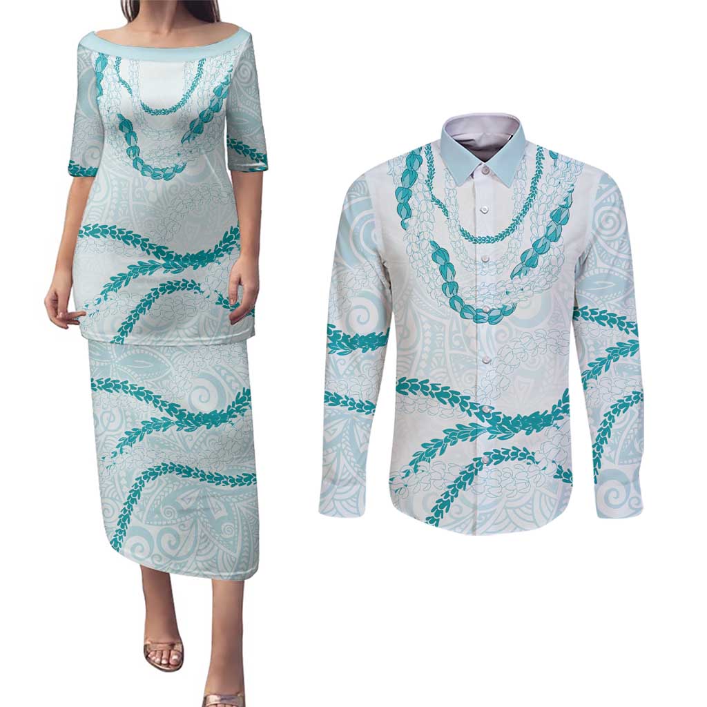 Aloha Lei Mikioi Couples Matching Puletasi and Long Sleeve Button Shirt Teal Polynesian Tribal Tatau Pattern LT9 Teal - Polynesian Pride