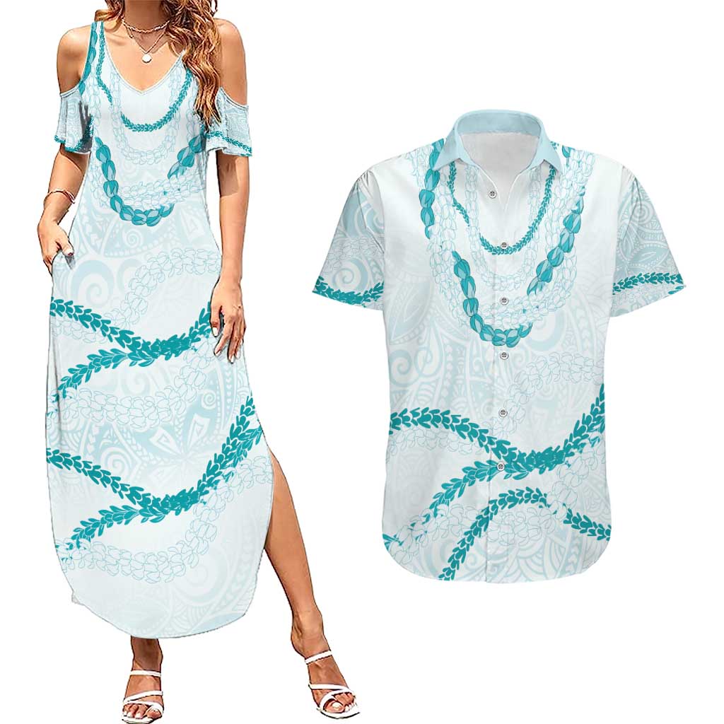 Aloha Lei Mikioi Couples Matching Summer Maxi Dress and Hawaiian Shirt Teal Polynesian Tribal Tatau Pattern