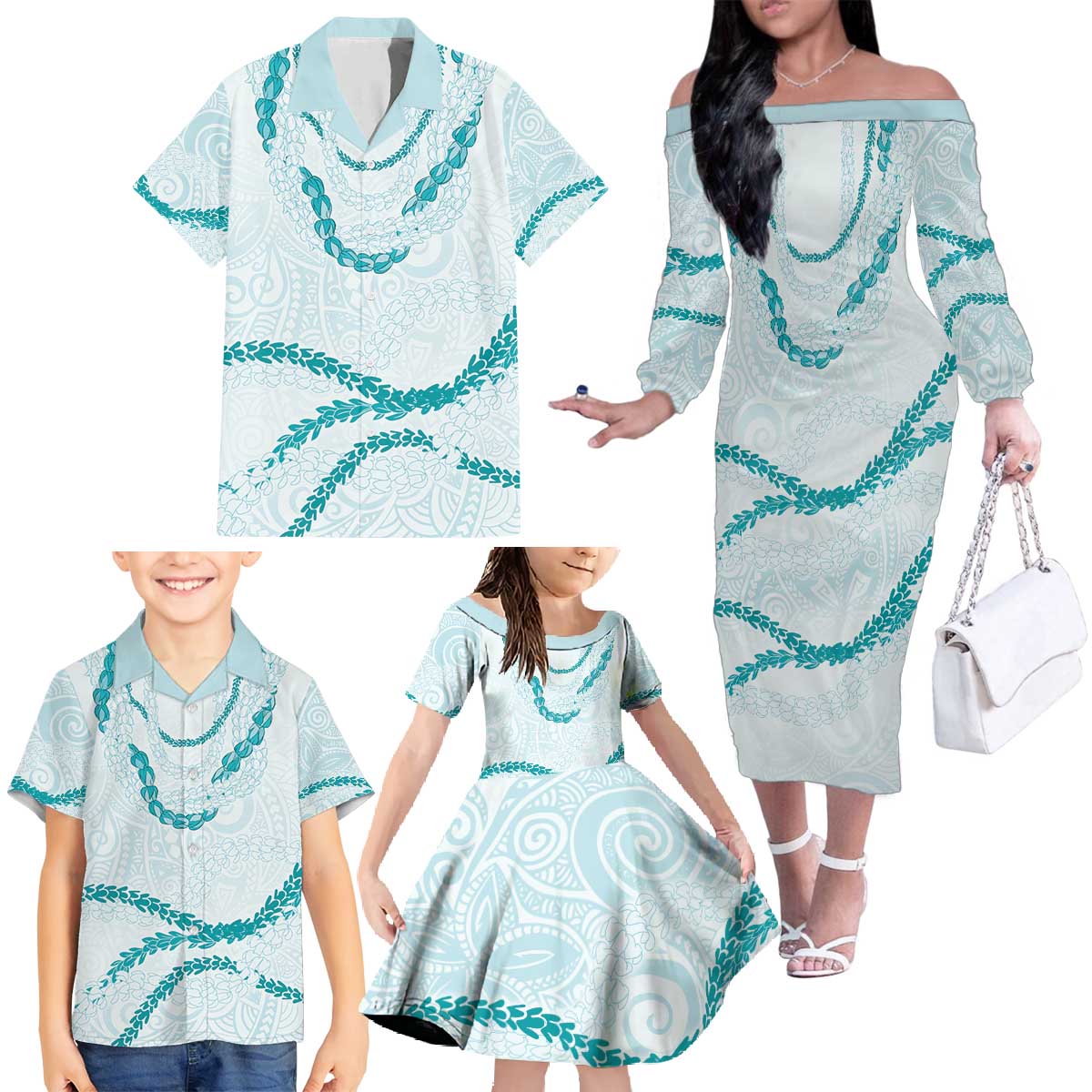 Aloha Lei Mikioi Family Matching Off The Shoulder Long Sleeve Dress and Hawaiian Shirt Teal Polynesian Tribal Tatau Pattern