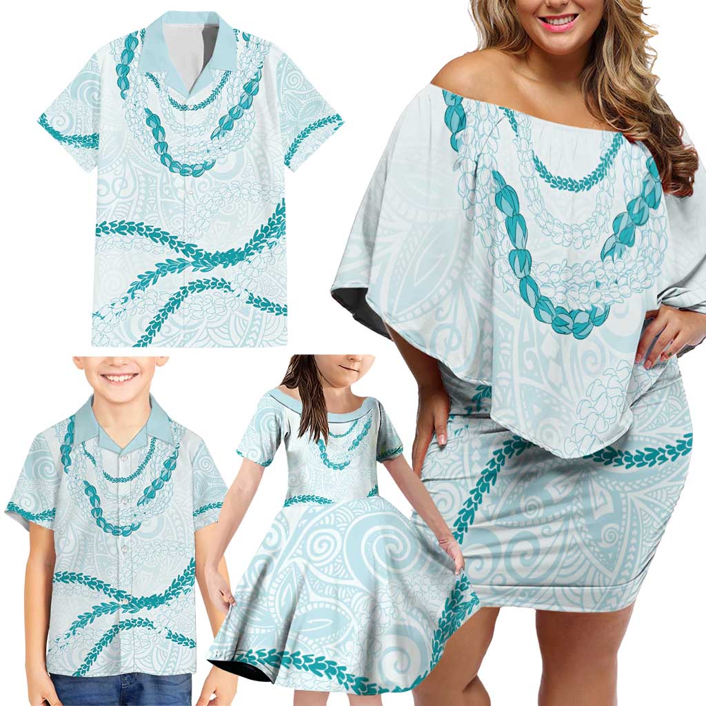 Aloha Lei Mikioi Family Matching Off Shoulder Short Dress and Hawaiian Shirt Teal Polynesian Tribal Tatau Pattern