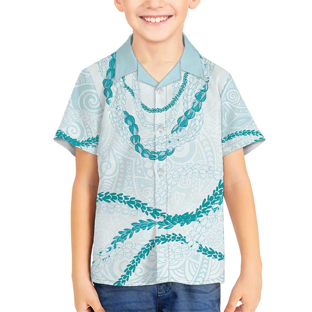 Aloha Lei Mikioi Family Matching Off Shoulder Short Dress and Hawaiian Shirt Teal Polynesian Tribal Tatau Pattern