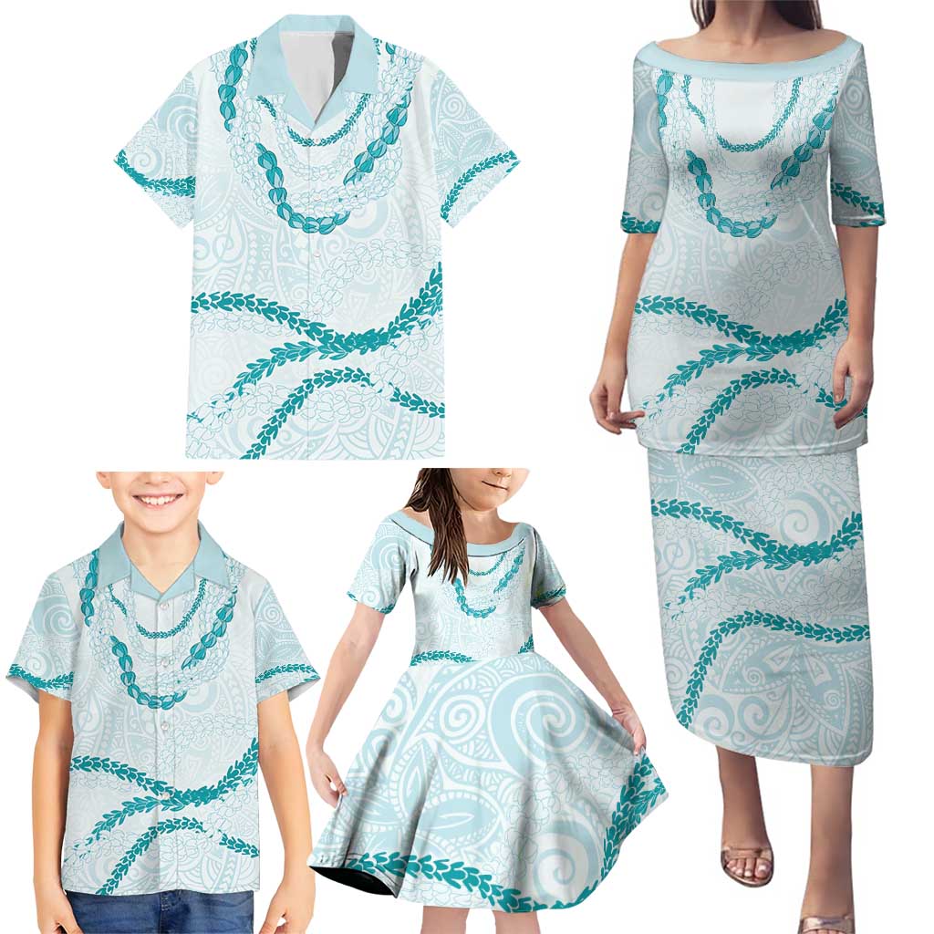 Aloha Lei Mikioi Family Matching Puletasi and Hawaiian Shirt Teal Polynesian Tribal Tatau Pattern
