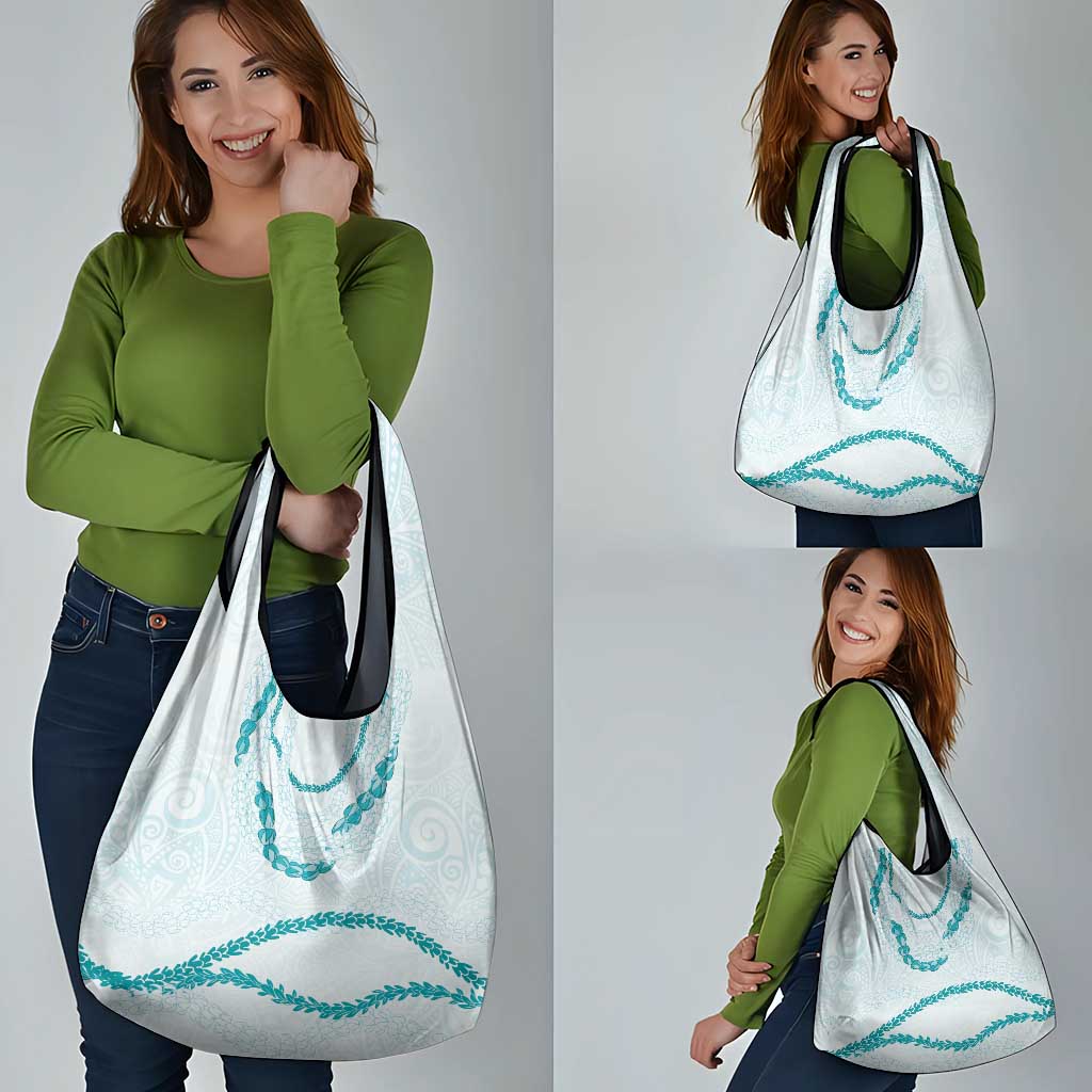 Aloha Lei Mikioi Grocery Bag Teal Polynesian Tribal Tatau Pattern