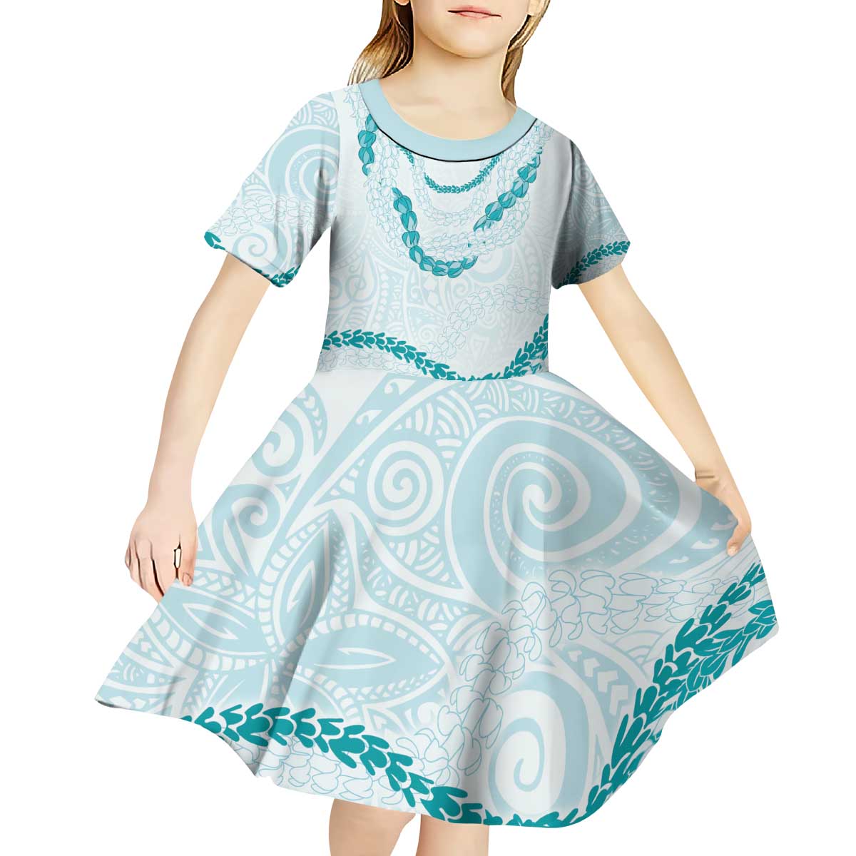 Aloha Lei Mikioi Kid Short Sleeve Dress Teal Polynesian Tribal Tatau Pattern