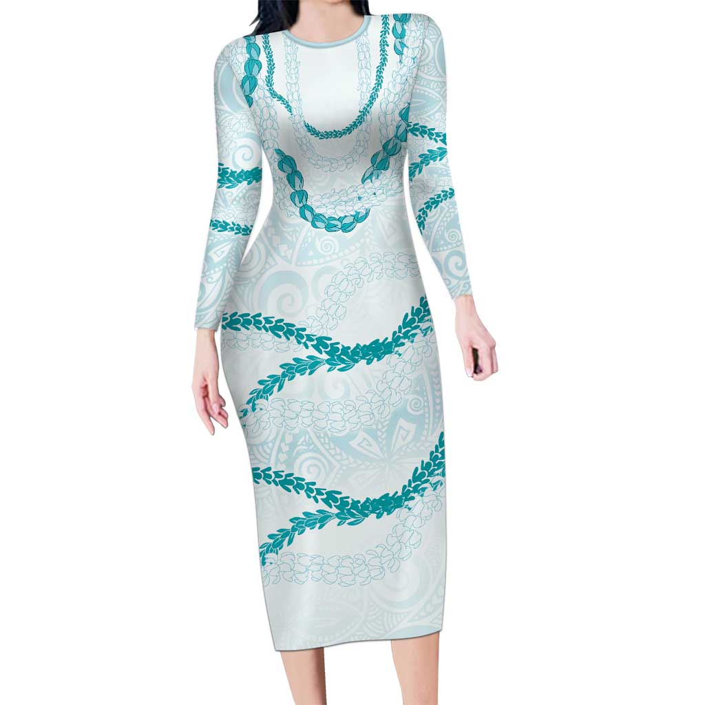 Aloha Lei Mikioi Long Sleeve Bodycon Dress Teal Polynesian Tribal Tatau Pattern