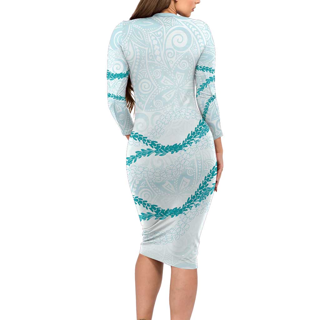 Aloha Lei Mikioi Long Sleeve Bodycon Dress Teal Polynesian Tribal Tatau Pattern