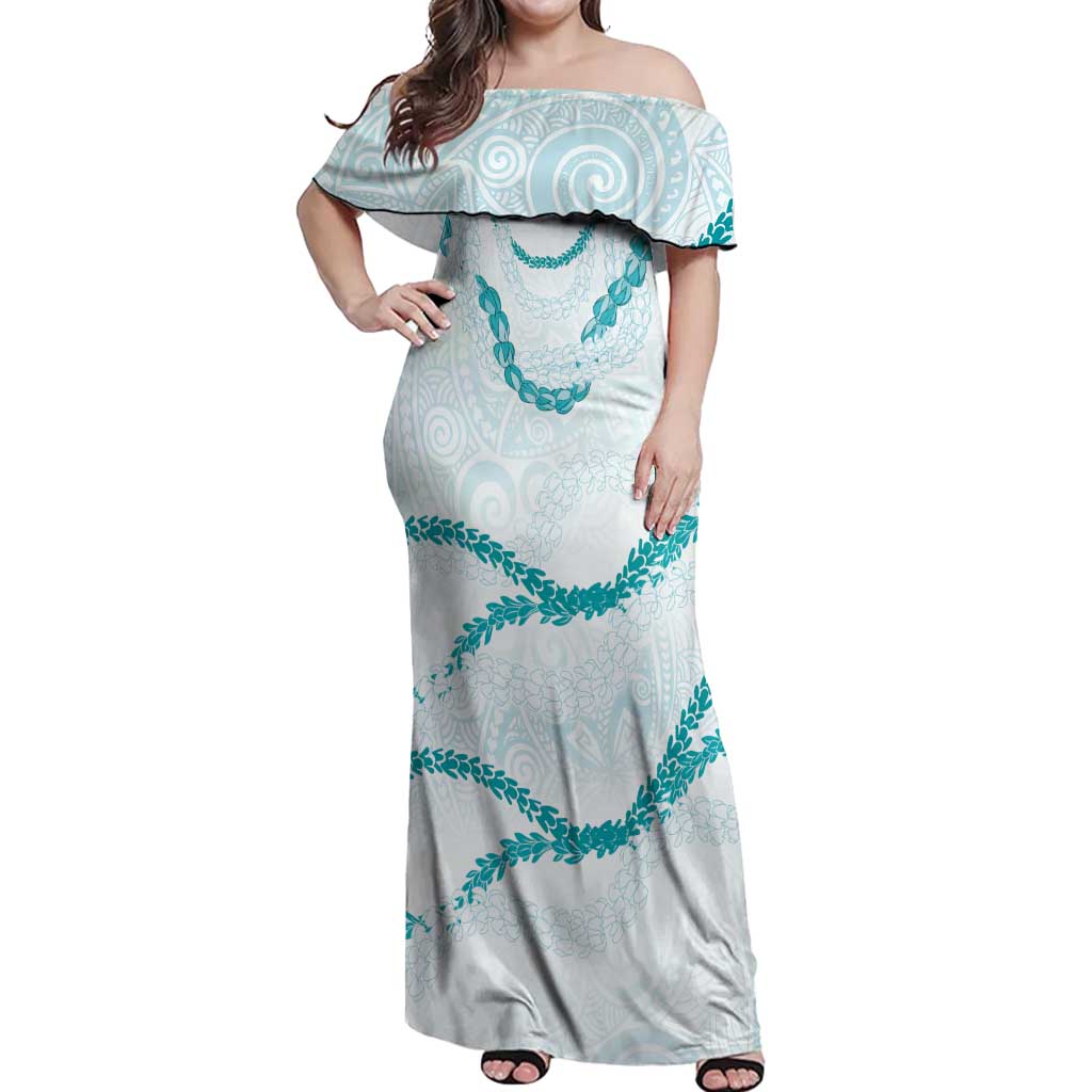 Aloha Lei Mikioi Off Shoulder Maxi Dress Teal Polynesian Tribal Tatau Pattern