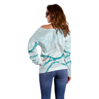 Aloha Lei Mikioi Off Shoulder Sweater Teal Polynesian Tribal Tatau Pattern