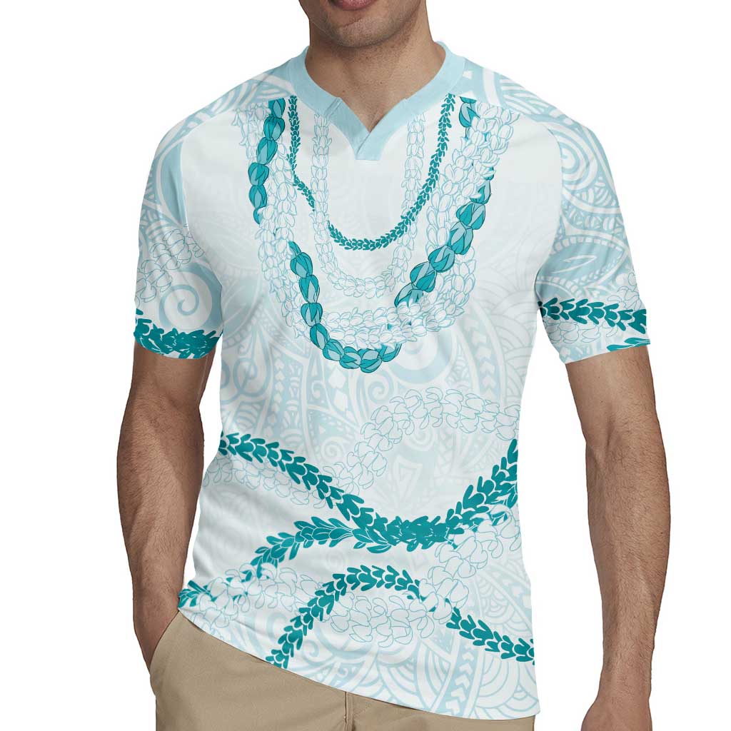 Aloha Lei Mikioi Rugby Jersey Teal Polynesian Tribal Tatau Pattern LT9 - Polynesian Pride