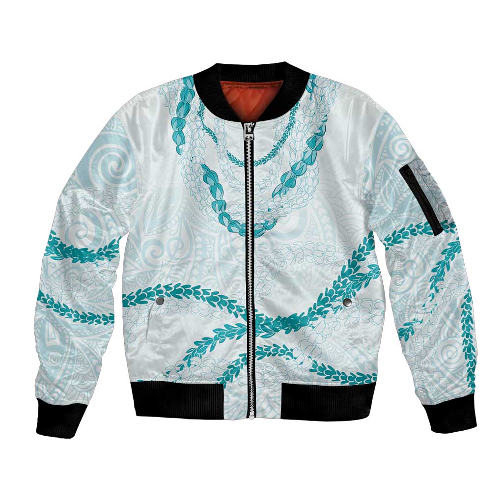 Aloha Lei Mikioi Sleeve Zip Bomber Jacket Teal Polynesian Tribal Tatau Pattern LT9 Unisex Teal - Polynesian Pride