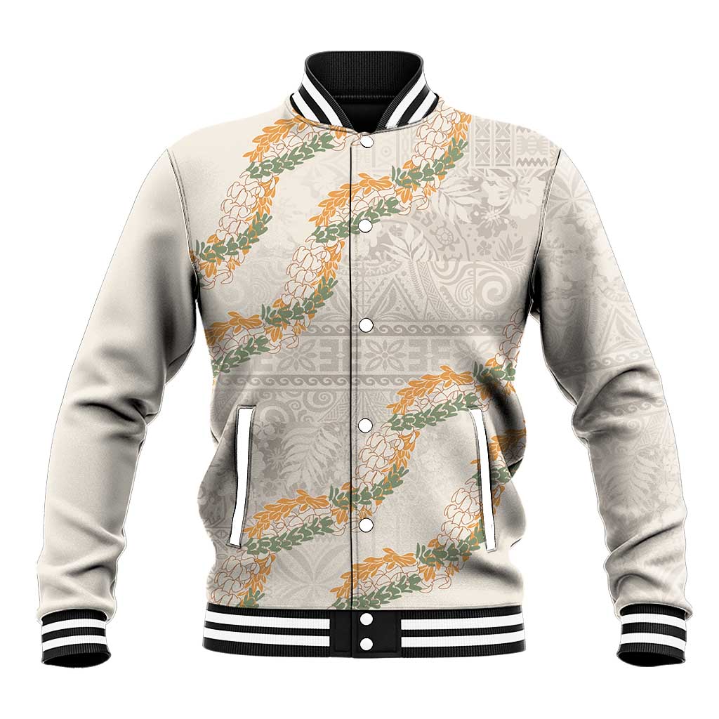 Aloha Pakalana and Puakenikeni Lei Baseball Jacket Beige Hawaiian Pattern