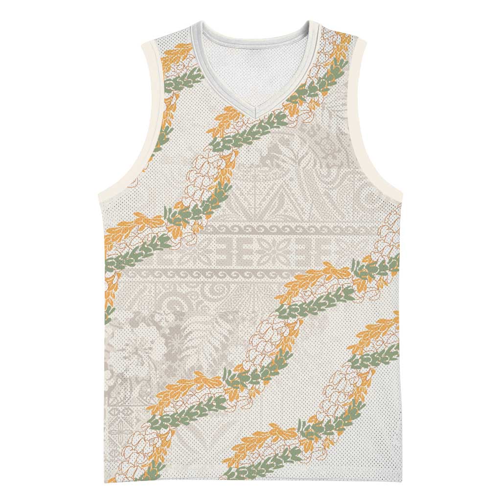 Aloha Pakalana and Puakenikeni Lei Basketball Jersey Beige Hawaiian Pattern - Polynesian Pride