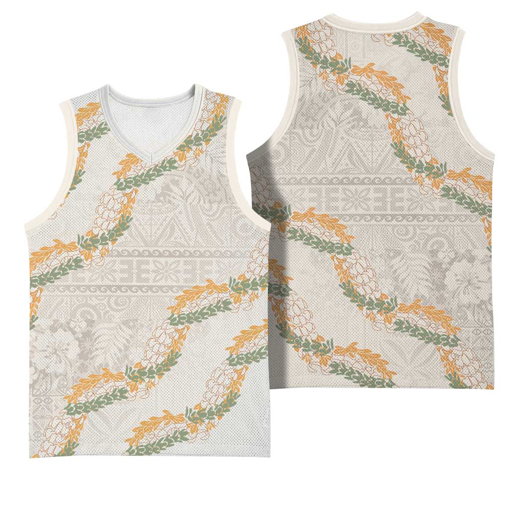 Aloha Pakalana and Puakenikeni Lei Basketball Jersey Beige Hawaiian Pattern - Polynesian Pride