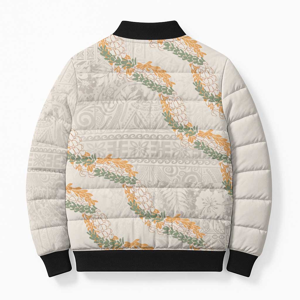 Aloha Pakalana and Puakenikeni Lei Bomber Puffer Jacket Beige Hawaiian Pattern - Polynesian Pride