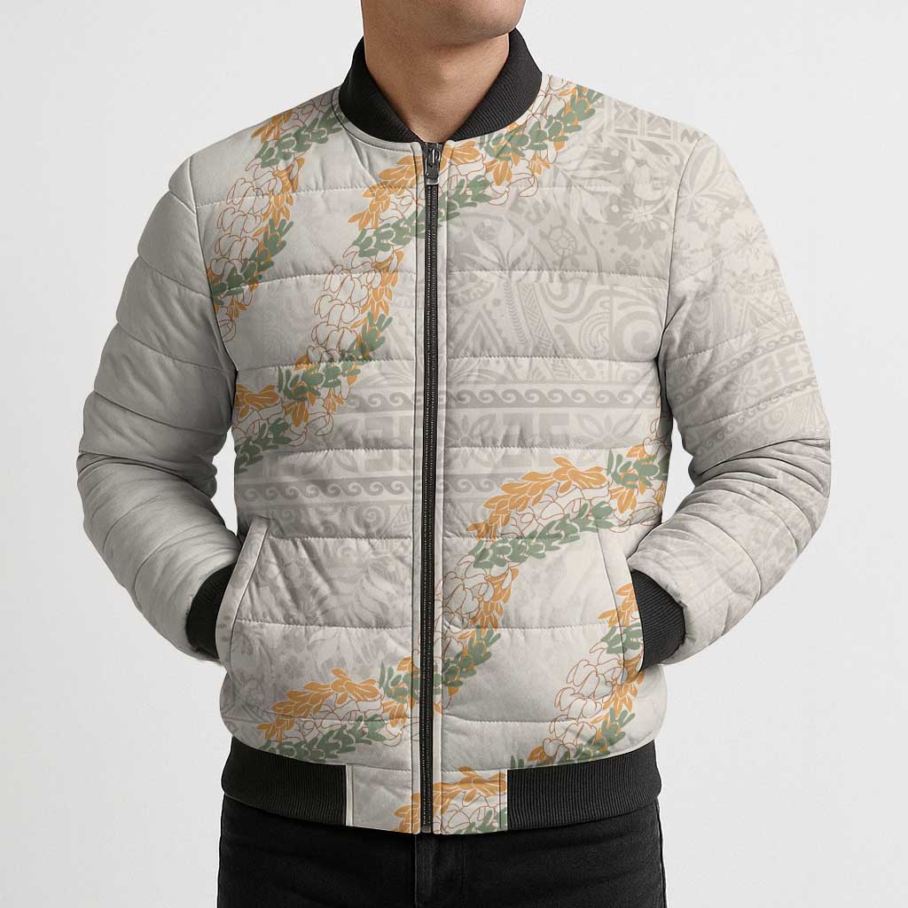 Aloha Pakalana and Puakenikeni Lei Bomber Puffer Jacket Beige Hawaiian Pattern - Polynesian Pride