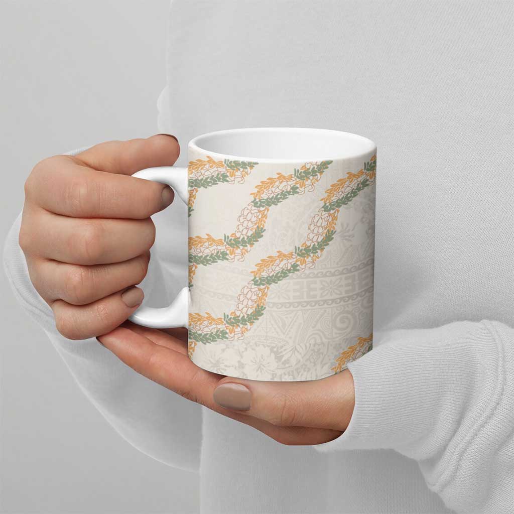 Aloha Pakalana and Puakenikeni Lei Ceramic Mug Beige Hawaiian Pattern - Polynesian Pride