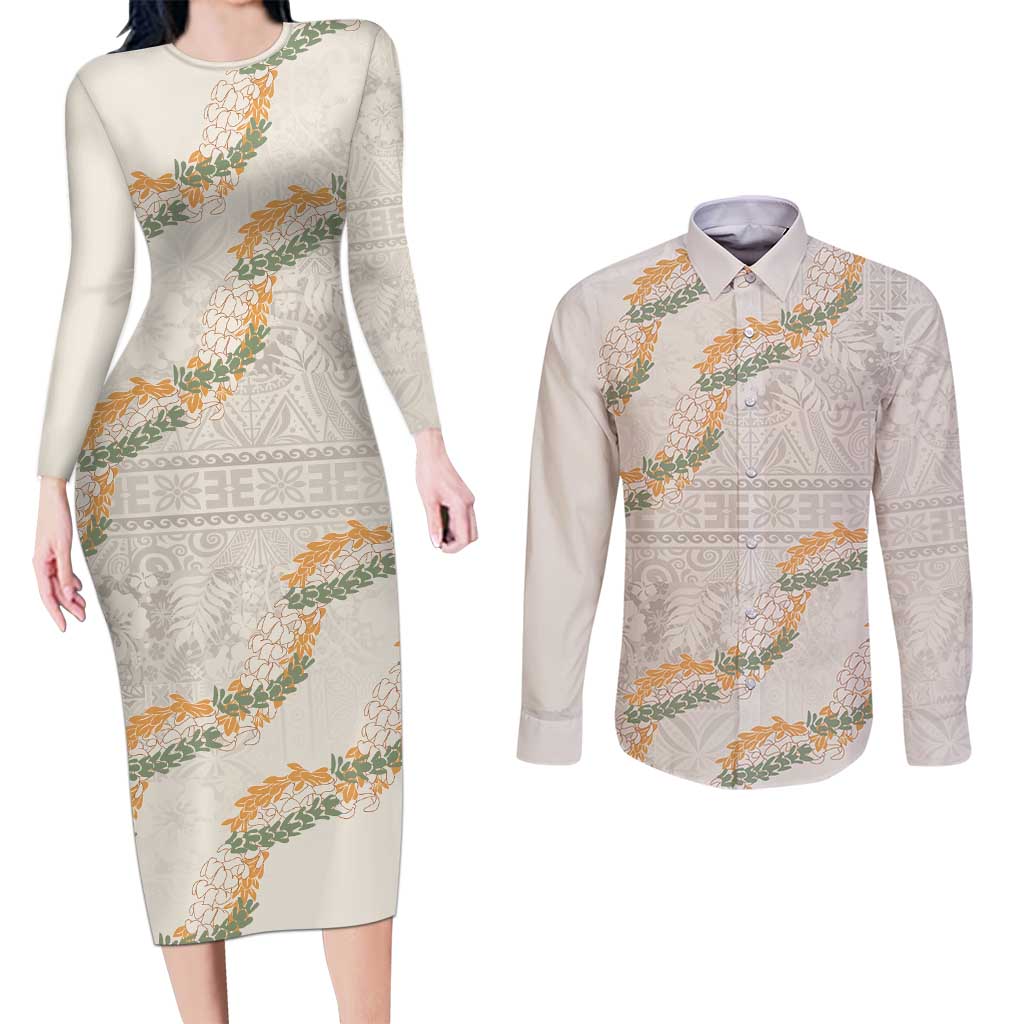 Aloha Pakalana and Puakenikeni Lei Couples Matching Long Sleeve Bodycon Dress and Long Sleeve Button Shirt Beige Hawaiian Pattern