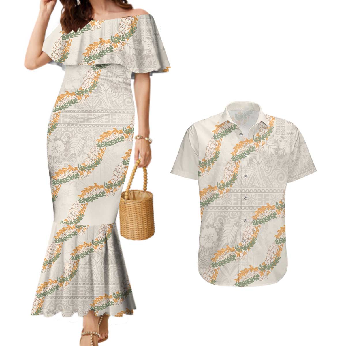Aloha Pakalana and Puakenikeni Lei Couples Matching Mermaid Dress and Hawaiian Shirt Beige Hawaiian Pattern