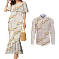Aloha Pakalana and Puakenikeni Lei Couples Matching Mermaid Dress and Long Sleeve Button Shirt Beige Hawaiian Pattern LT9 Beige - Polynesian Pride
