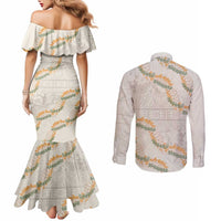 Aloha Pakalana and Puakenikeni Lei Couples Matching Mermaid Dress and Long Sleeve Button Shirt Beige Hawaiian Pattern LT9 - Polynesian Pride