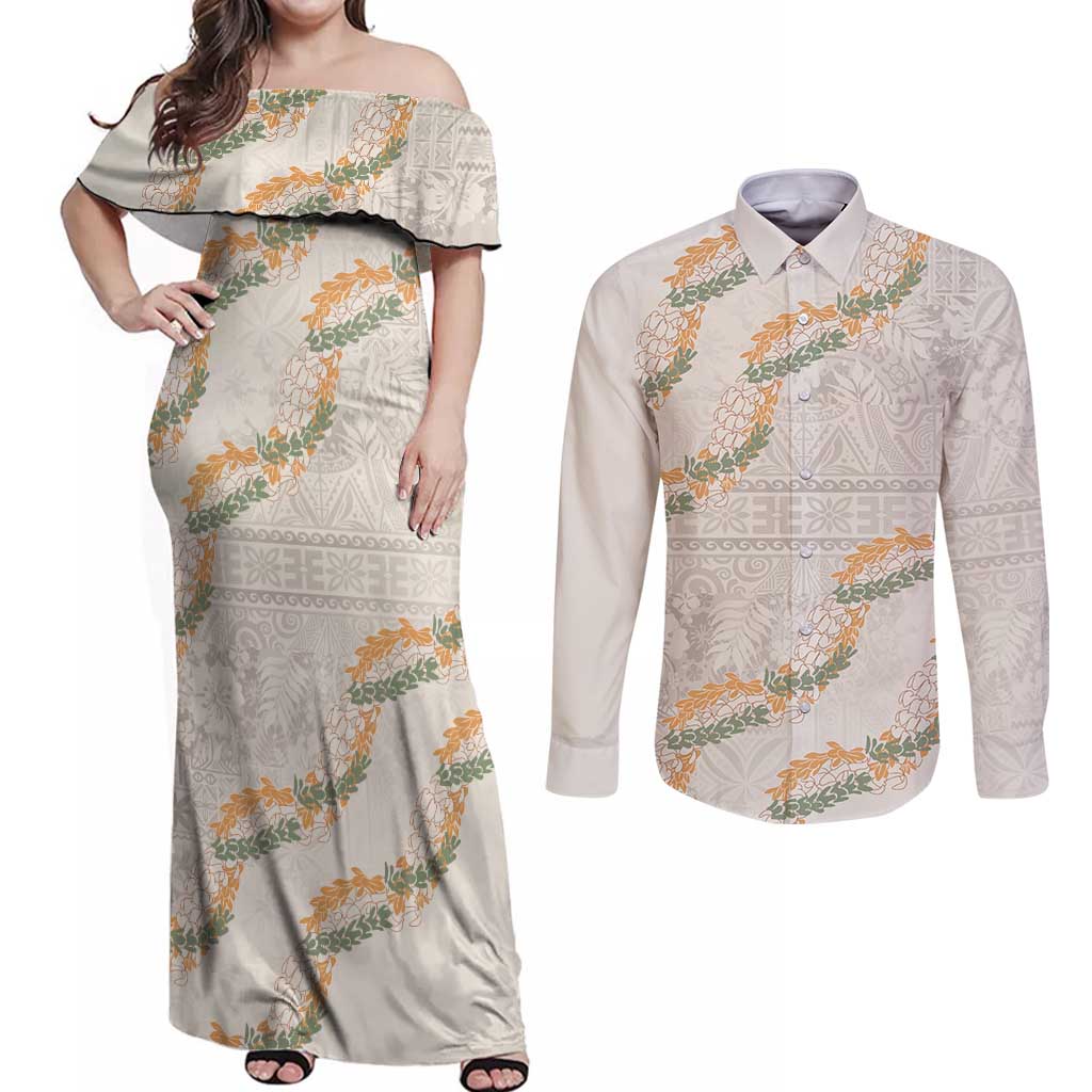 Aloha Pakalana and Puakenikeni Lei Couples Matching Off Shoulder Maxi Dress and Long Sleeve Button Shirt Beige Hawaiian Pattern