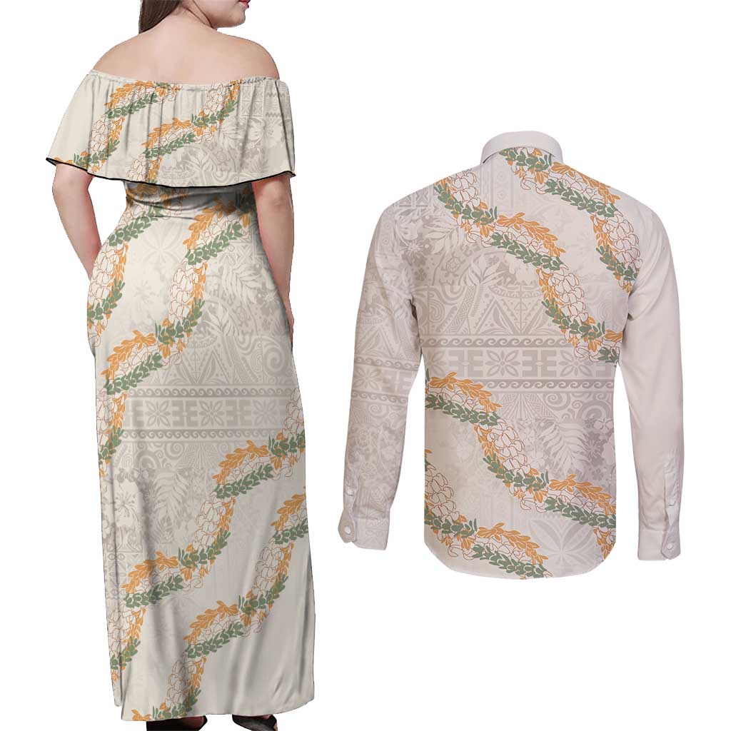 Aloha Pakalana and Puakenikeni Lei Couples Matching Off Shoulder Maxi Dress and Long Sleeve Button Shirt Beige Hawaiian Pattern LT9 - Polynesian Pride