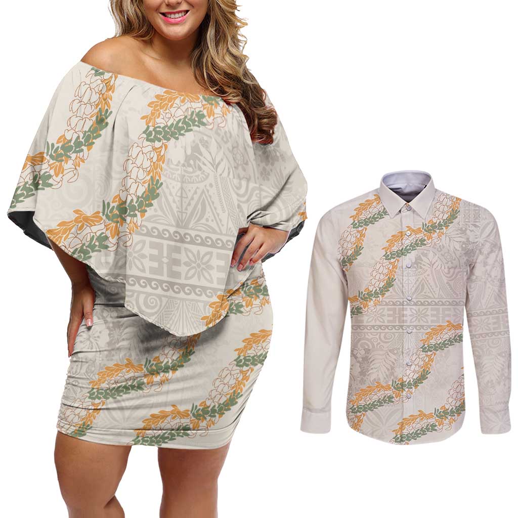 Aloha Pakalana and Puakenikeni Lei Couples Matching Off Shoulder Short Dress and Long Sleeve Button Shirt Beige Hawaiian Pattern LT9 Beige - Polynesian Pride