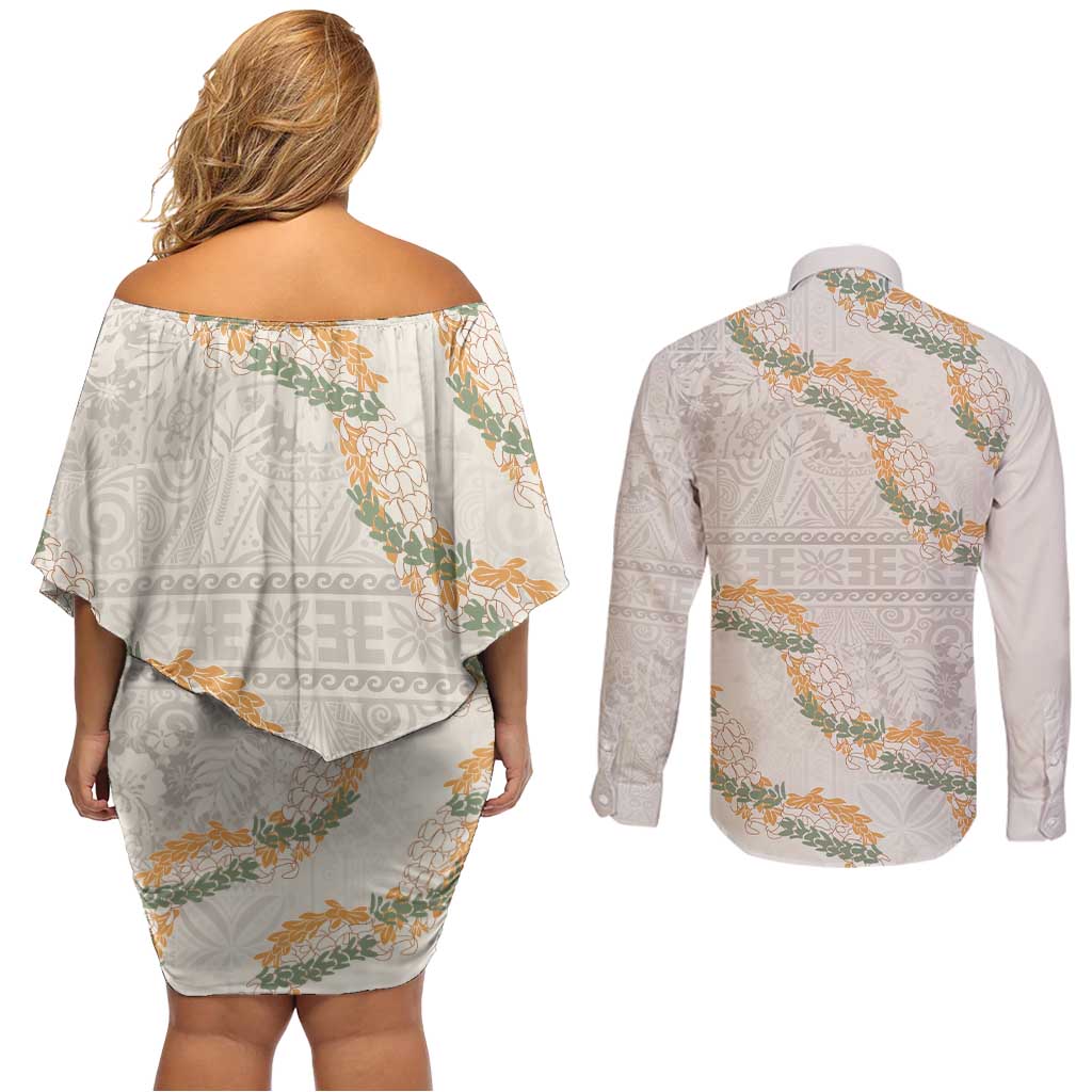 Aloha Pakalana and Puakenikeni Lei Couples Matching Off Shoulder Short Dress and Long Sleeve Button Shirt Beige Hawaiian Pattern LT9 - Polynesian Pride