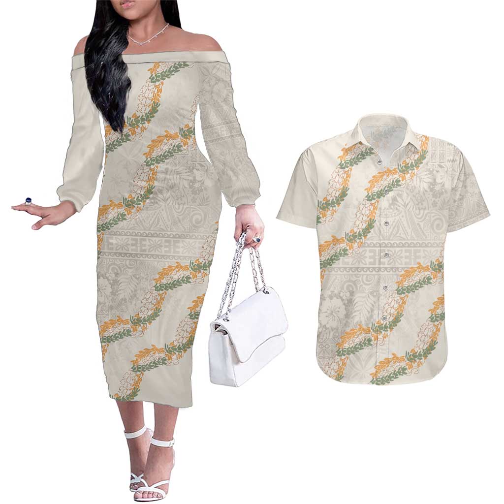 Aloha Pakalana and Puakenikeni Lei Couples Matching Off The Shoulder Long Sleeve Dress and Hawaiian Shirt Beige Hawaiian Pattern