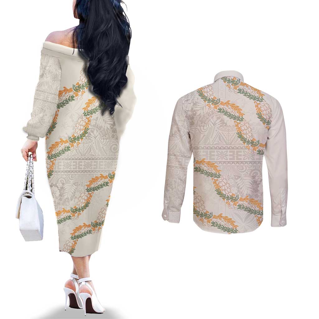 Aloha Pakalana and Puakenikeni Lei Couples Matching Off The Shoulder Long Sleeve Dress and Long Sleeve Button Shirt Beige Hawaiian Pattern