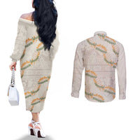 Aloha Pakalana and Puakenikeni Lei Couples Matching Off The Shoulder Long Sleeve Dress and Long Sleeve Button Shirt Beige Hawaiian Pattern