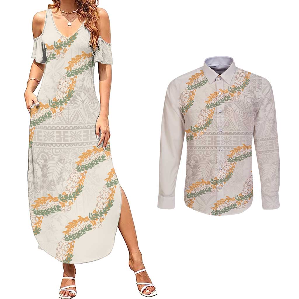 Aloha Pakalana and Puakenikeni Lei Couples Matching Summer Maxi Dress and Long Sleeve Button Shirt Beige Hawaiian Pattern LT9 Beige - Polynesian Pride