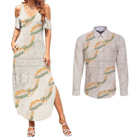 Aloha Pakalana and Puakenikeni Lei Couples Matching Summer Maxi Dress and Long Sleeve Button Shirt Beige Hawaiian Pattern LT9 Beige - Polynesian Pride