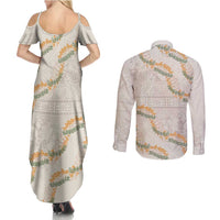 Aloha Pakalana and Puakenikeni Lei Couples Matching Summer Maxi Dress and Long Sleeve Button Shirt Beige Hawaiian Pattern LT9 - Polynesian Pride