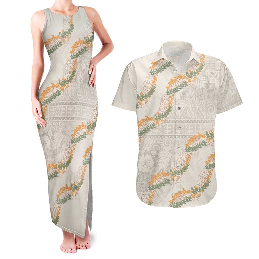 Aloha Pakalana and Puakenikeni Lei Couples Matching Tank Maxi Dress and Hawaiian Shirt Beige Hawaiian Pattern