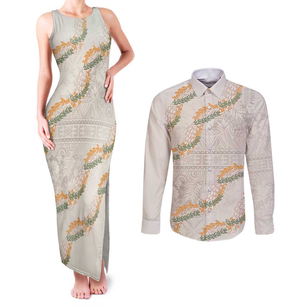 Aloha Pakalana and Puakenikeni Lei Couples Matching Tank Maxi Dress and Long Sleeve Button Shirt Beige Hawaiian Pattern LT9 Beige - Polynesian Pride