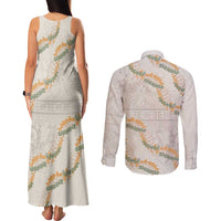 Aloha Pakalana and Puakenikeni Lei Couples Matching Tank Maxi Dress and Long Sleeve Button Shirt Beige Hawaiian Pattern LT9 - Polynesian Pride