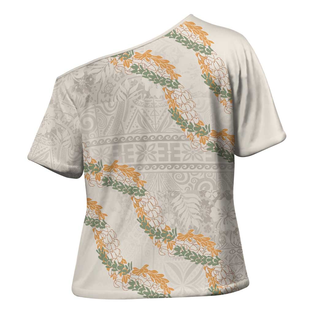 Aloha Pakalana and Puakenikeni Lei Cross Shoulder Shirt Beige Hawaiian Pattern - Polynesian Pride