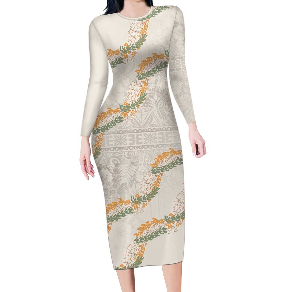 Aloha Pakalana and Puakenikeni Lei Family Matching Long Sleeve Bodycon Dress and Hawaiian Shirt Beige Hawaiian Pattern LT9 Mom's Dress Beige - Polynesian Pride